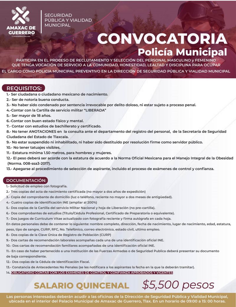 CONVOCATORIA POLICIA MUNICIPAL AMAXAC 2023